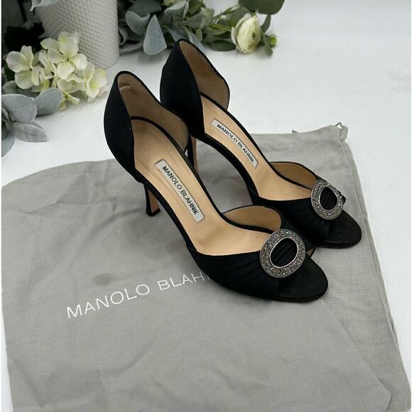 Shoes - Women’s Manolo Blanik, black pleaded satin,sedarby D’Orsay sandals, 37.5 Italy